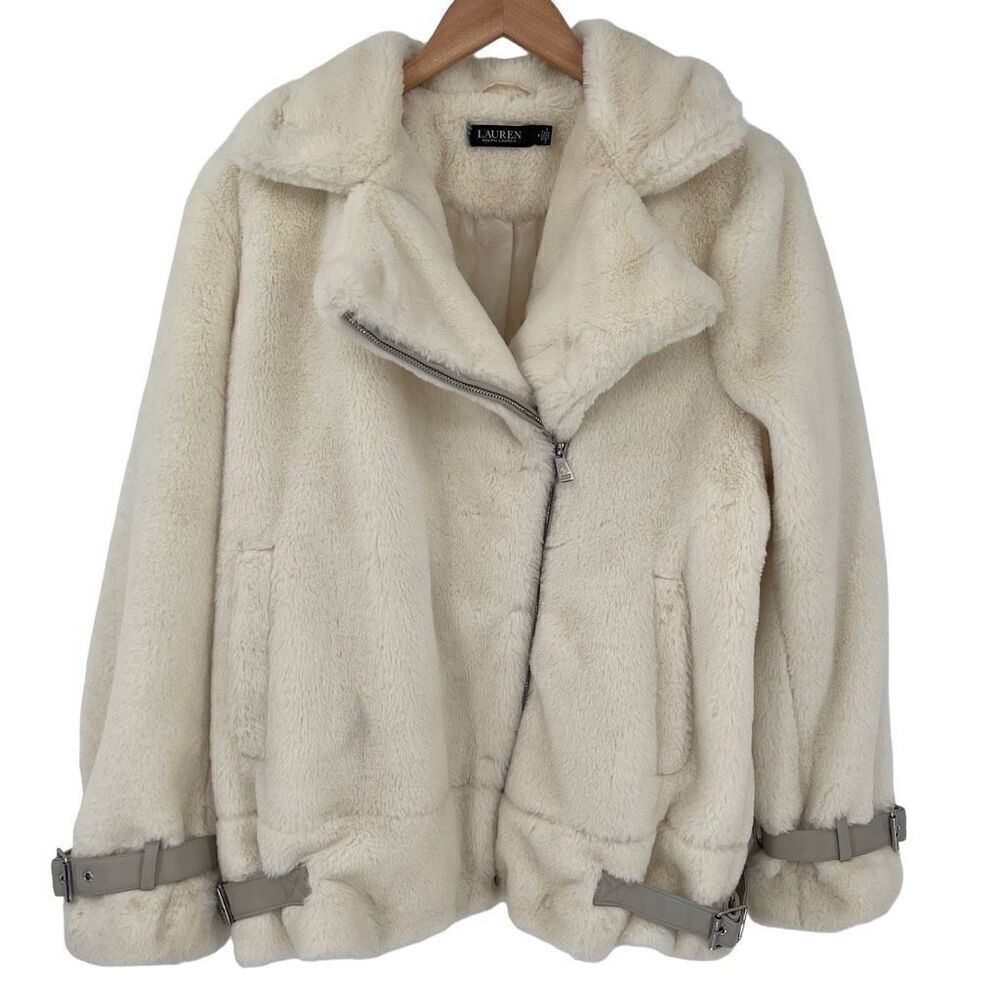 Lauren‎ Ralph Lauren Asymmetric Faux Fur Moto Coat Women Medium Cream Lined - Picture 5 of 12